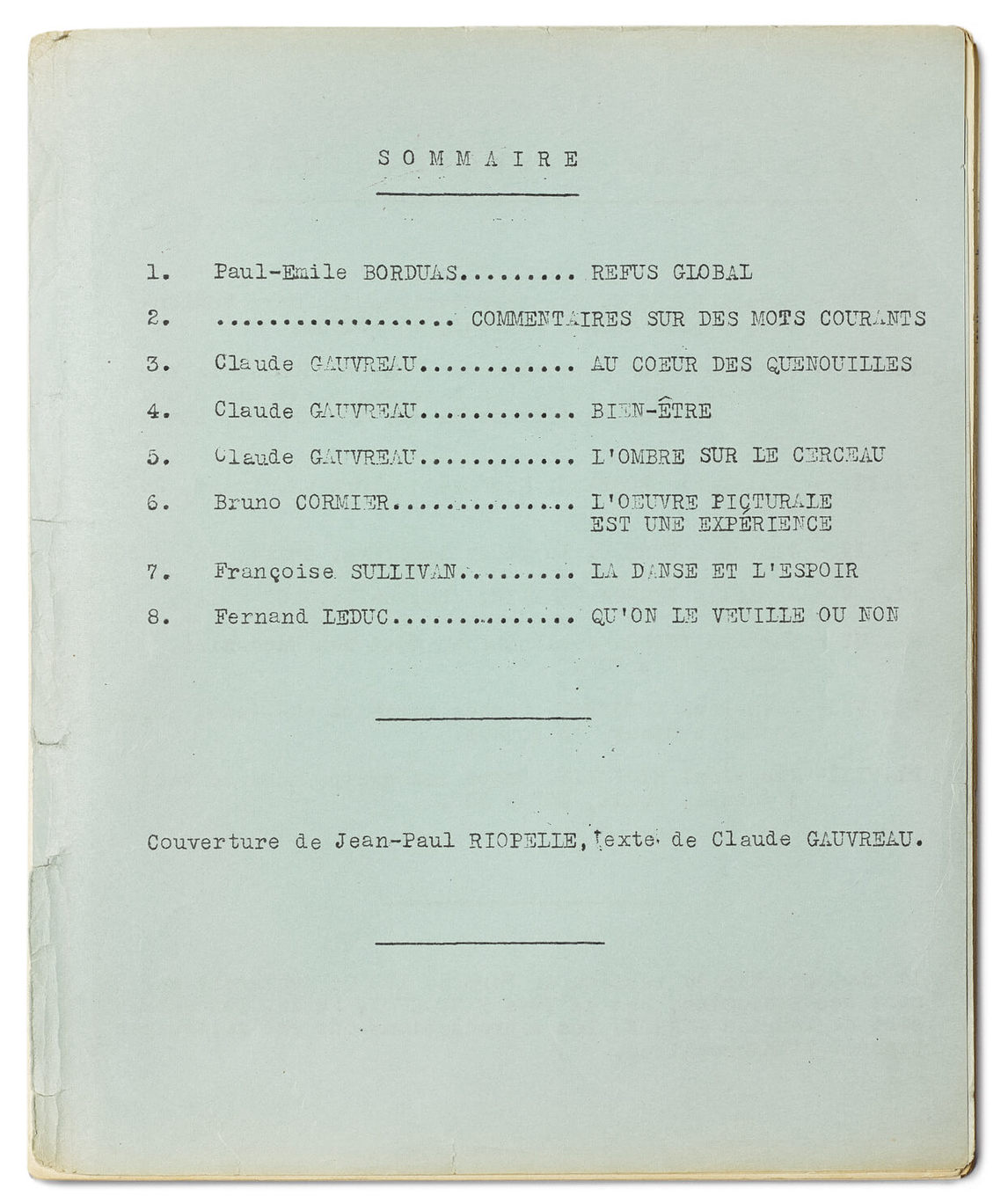 Refus global manifesto, table of contents, 1948.