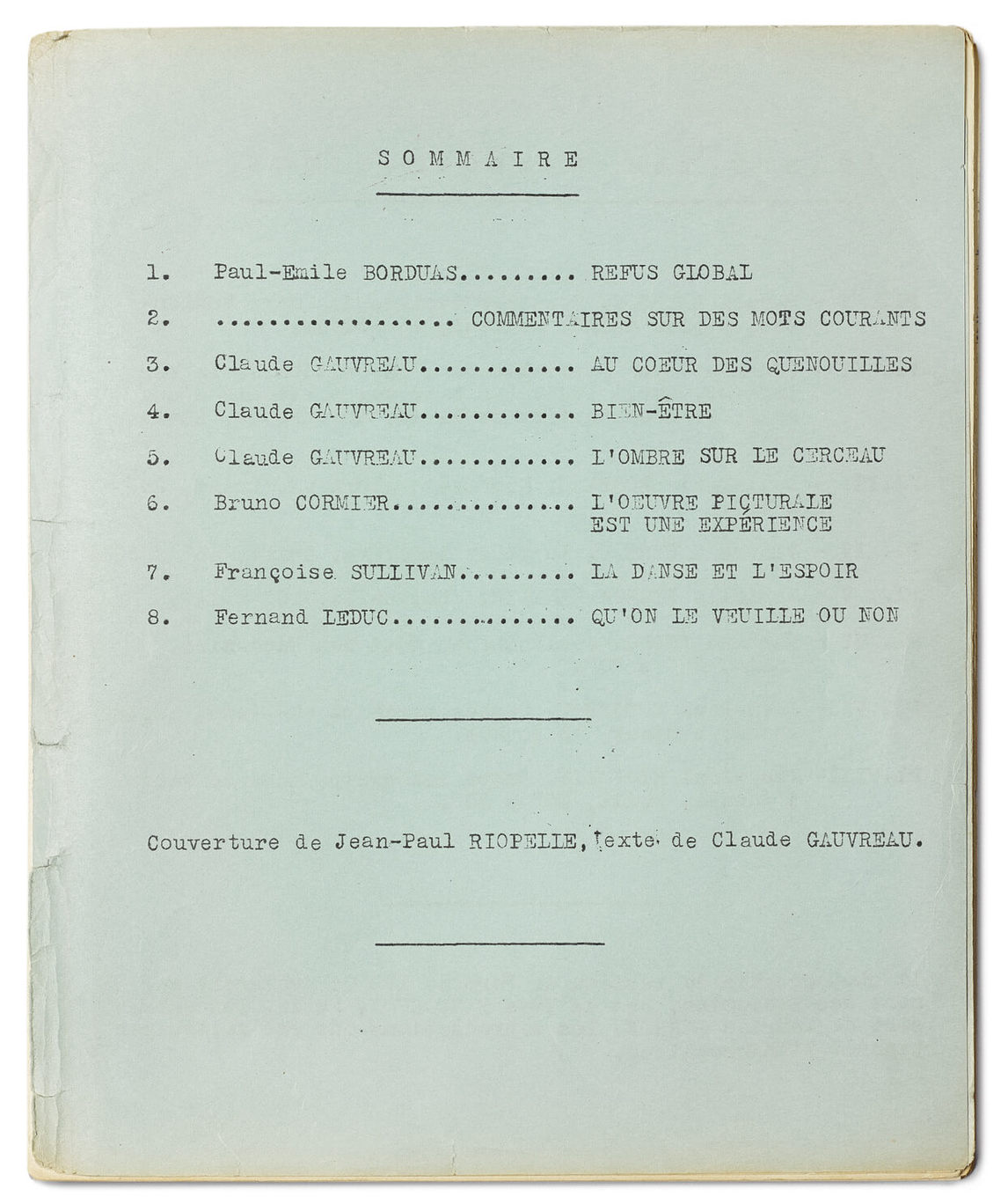 Refus global, manifeste, table des matières, 1948.