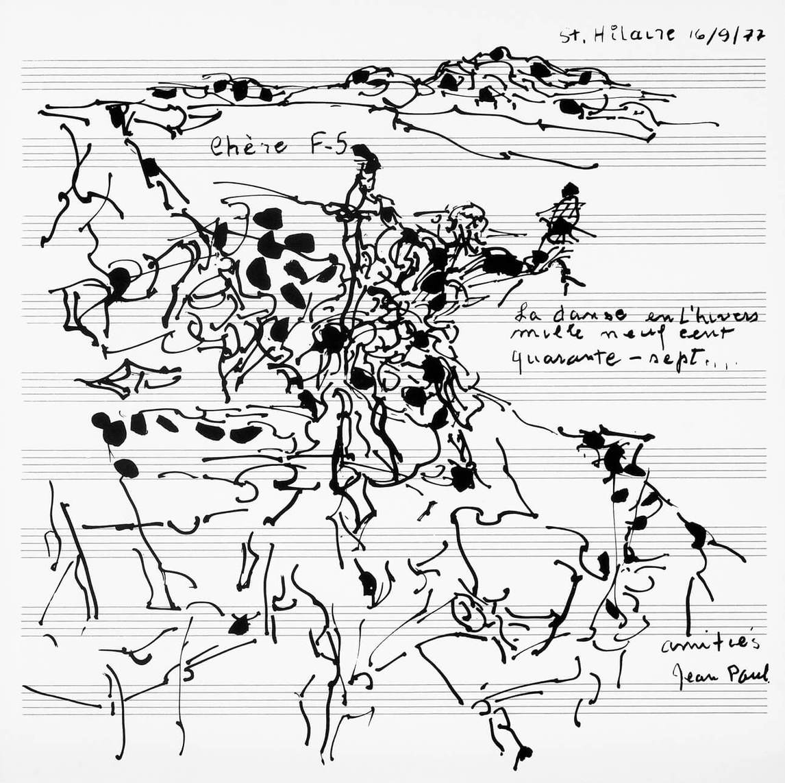 Plate from the album Dance in the Snow, choreography improvised by Françoise Sullivan, 1948, print 1977, by Jean-Paul Riopelle.