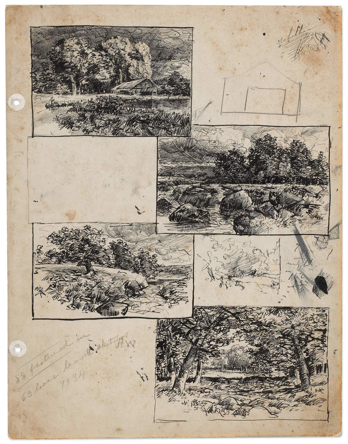 Dessins de paysage et plan préliminaire d’un bâtiment tiré du Carnet de croquis F, début des années 1880, par Homer Watson