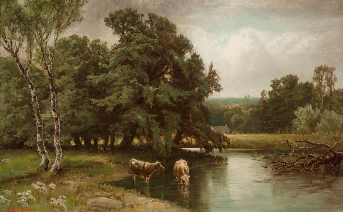 Two Cows in a Stream, c.1885, by Homer Watson