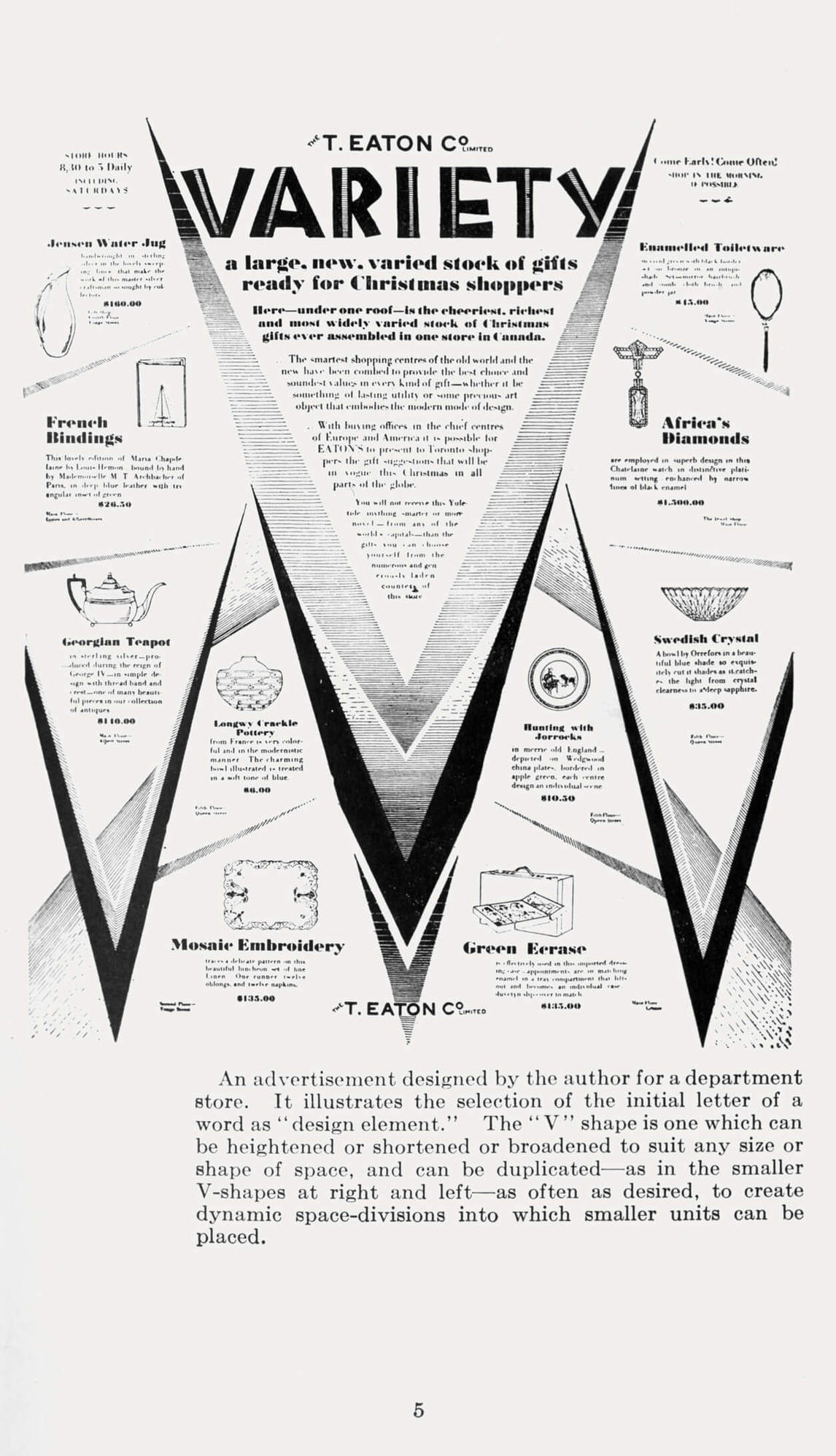 Art Canada Institute, Bertram Brooker, Advertisement for T. Eaton Company Limited, “V (for Variety),” published in Brooker, Layout Technique in Advertising (1929).