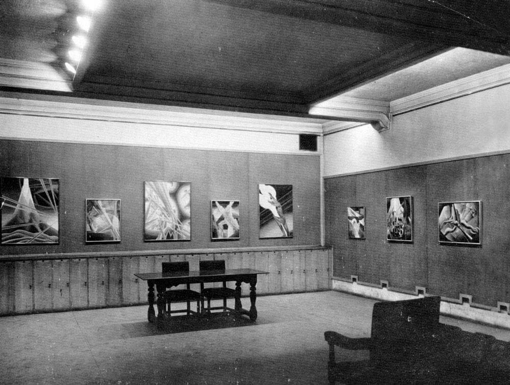 Photograph of installation view of Bertram Brooker Abstractions at Hart House, University of Toronto, March 14–30, 1931