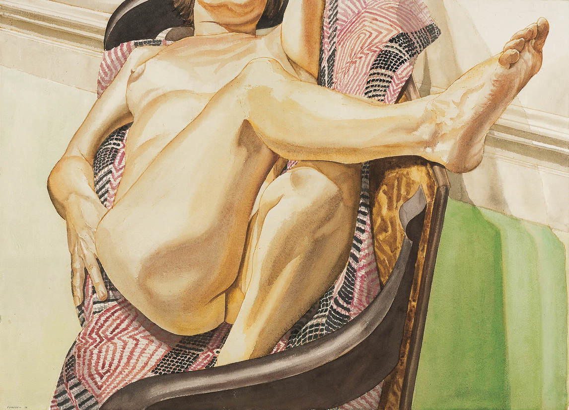 Philip Pearlstein, Female Model Reclining on Red and Black American Bedspread (Femme nue allongée sur couvre-lit américain rouge et noir), 1976