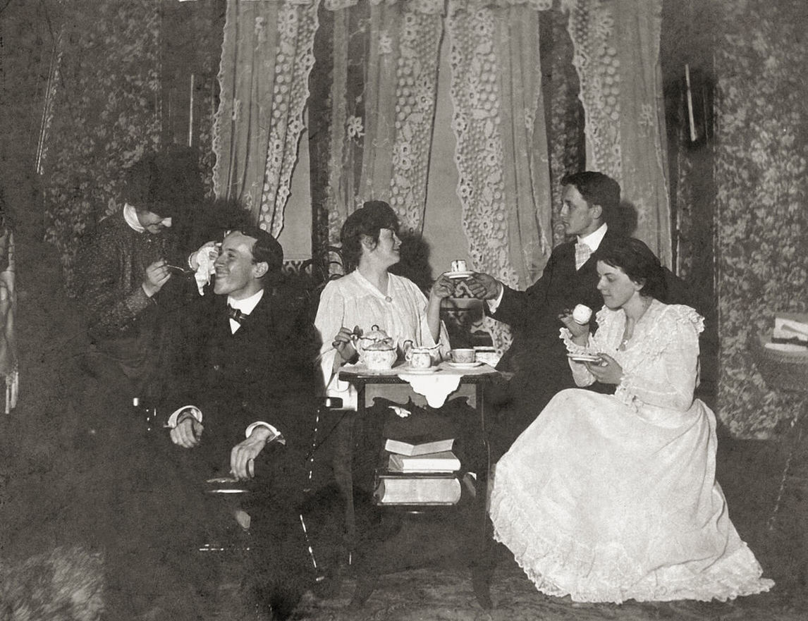 Photograph of Bertram Brooker (back right) and actors in an early theatrical production, Arts and Letters Club, Toronto, date unknown