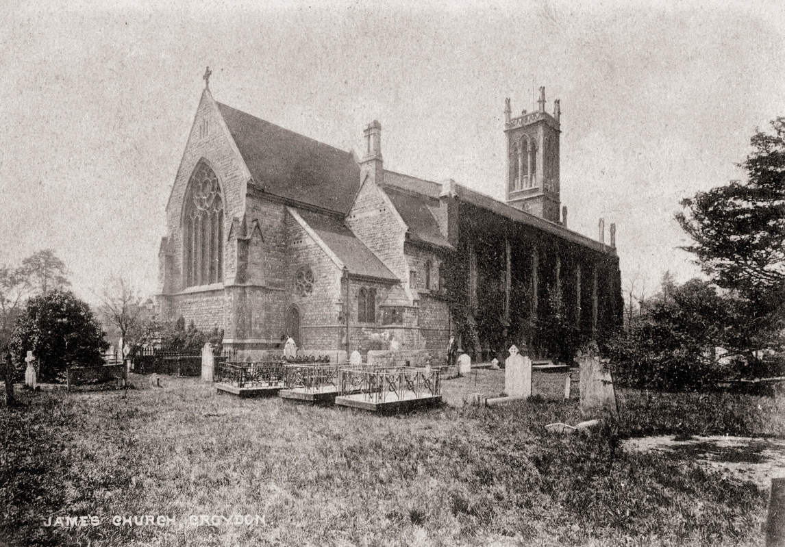 Carte postale du début du vingtième siècle représentant l’église anglicane St. James de Croydon, où la famille Brooker allait se recueillir