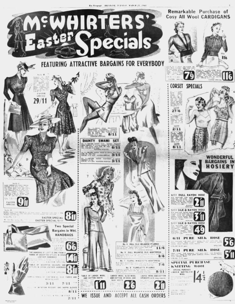  Magasin McWhirters - Les offres spéciales de Pâques, « Featuring Attractive Bargains for Everybody », publicité de mode des années 1940