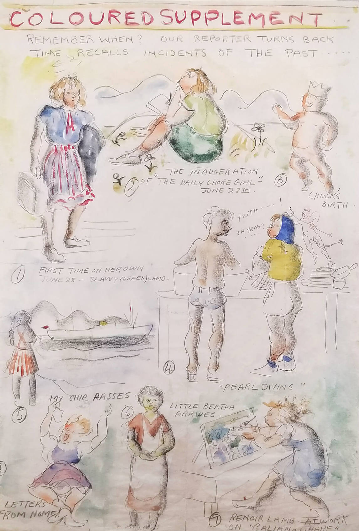Molly Lamb Bobak, « Renoir Lamb au travail sur le quai Galiano » 1940, illustration tirée de The Daily Chore Girl—Galiano’s Dish Rag, 1940