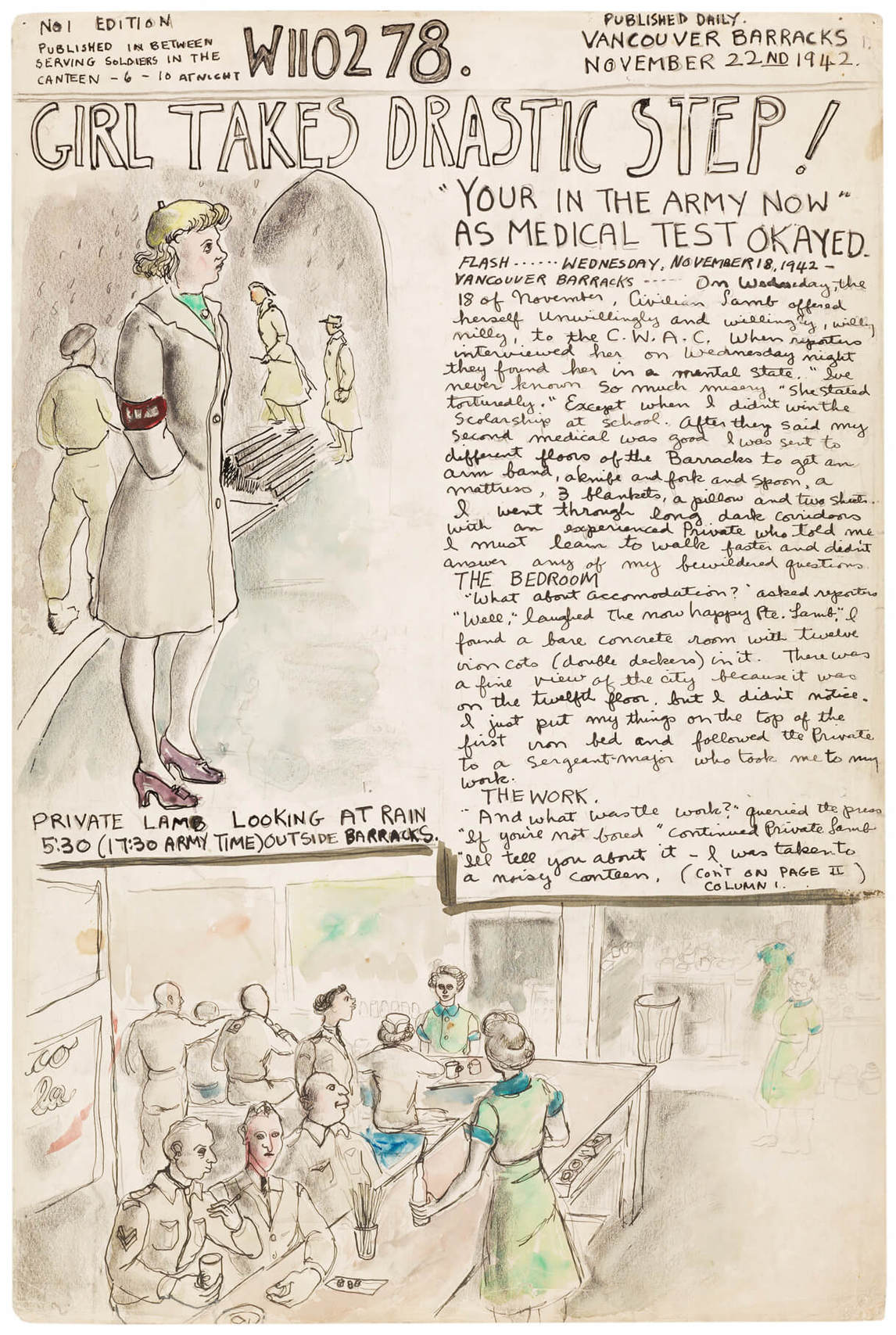 Molly Lamb Bobak,  « Molly Lamb entre dans l’armée », 22 novembre 1942, illustration tirée de W110278: The Personal War Records of Private Lamb, M., 1942-1945