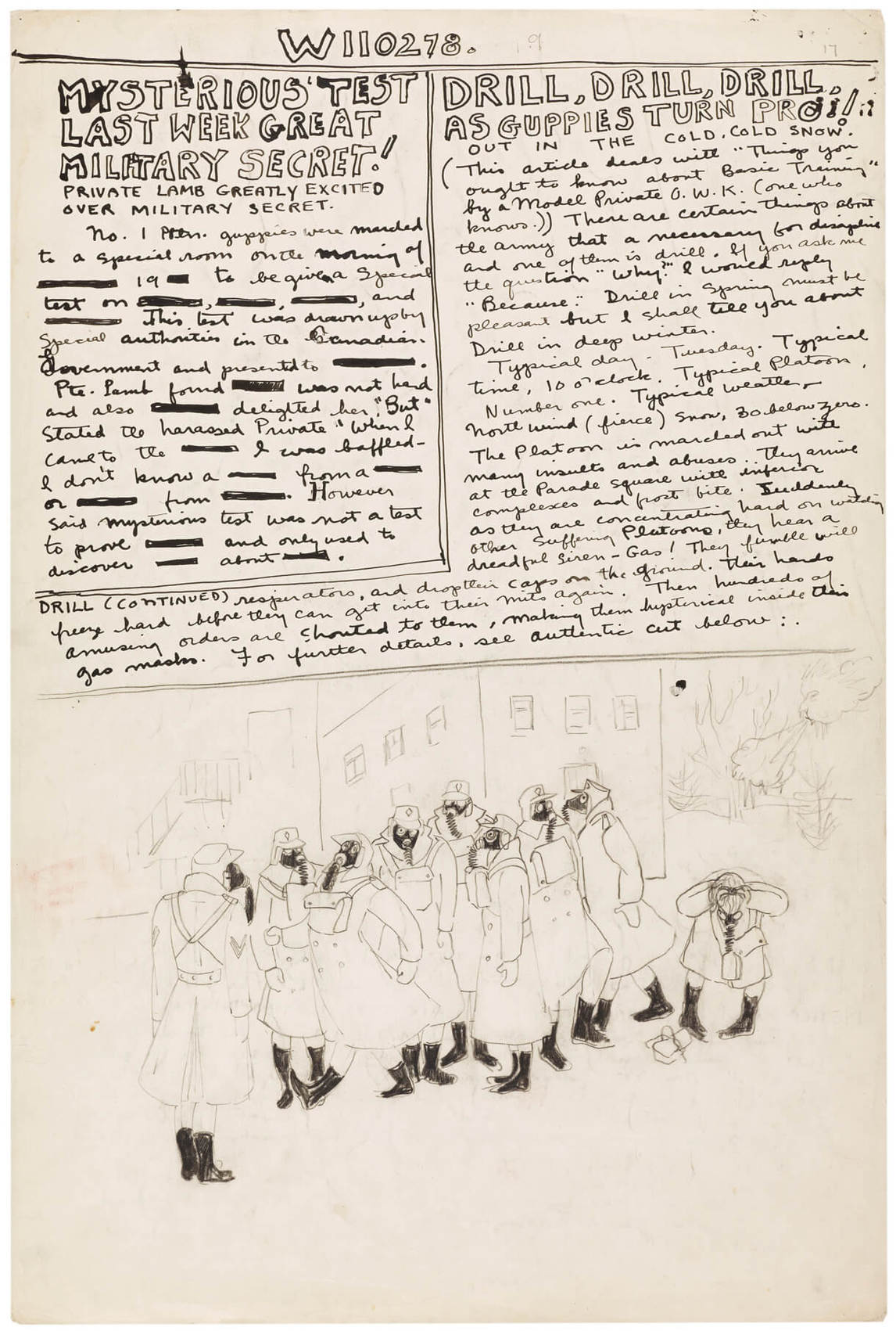 Molly Lamb, « Exercice militaire avec masque à gaz, Vermilion », décembre 1942