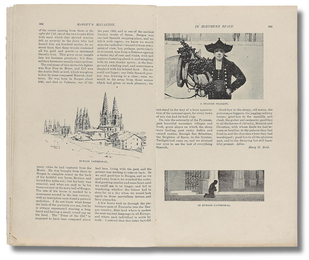 Deux pages de l’article écrit par Mary Hiester Reid et illustré par George Agnew Reid, paru dans le Massey’s Magazine de juin 1897