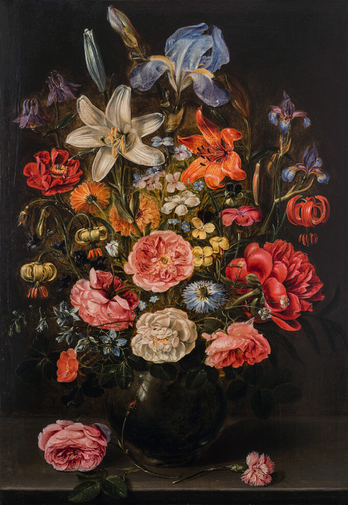 Clara Peeters, A Still Life of Lilies, Roses, Iris, Pansies, Columbine, Love-in-a-Mist, Larkspur and Other Flowers in a Glass Vase on a Table Top, Flanked by a Rose and a Carnation, 1610