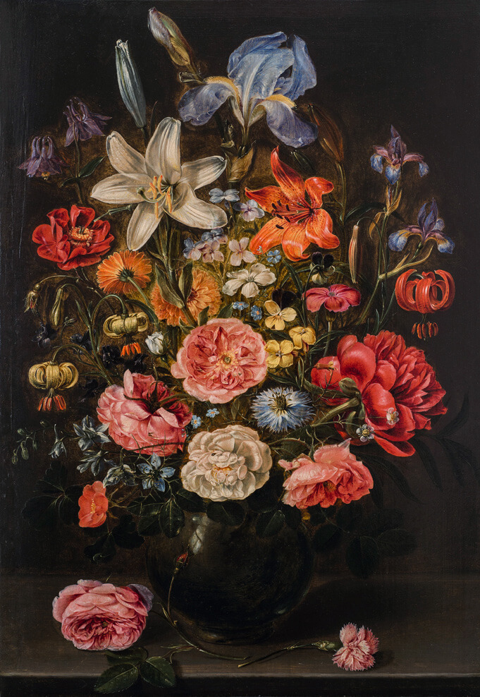 Clara Peeters, A Still Life of Lilies, Roses, Iris, Pansies, Columbine, Love-in-a-Mist, Larkspur and Other Flowers in a Glass Vase on a Table Top, Flanked by a Rose and a Carnation (Nature morte de lis, de roses, d’iris, de pensées, d’ancolies, de nigelles de Damas, de pieds-d’alouette et d’autres fleurs dans un vase en verre sur une table, bordé d’une rose et d’un œillet), 1610