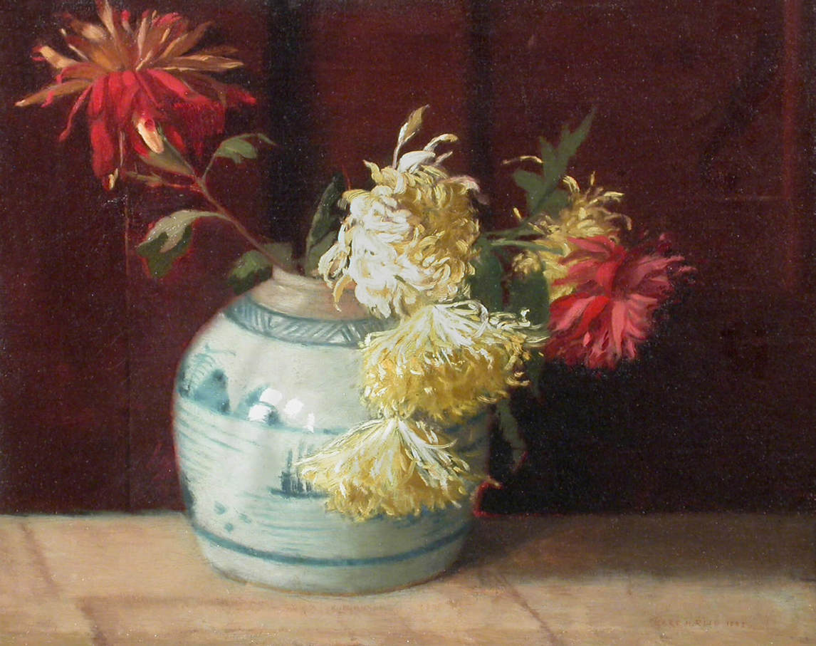 Mary Hiester Reid, Chrysanthemums in a Qing Blue and White Vase (Chrysanthèmes dans un vase Qing bleu et blanc), 1892