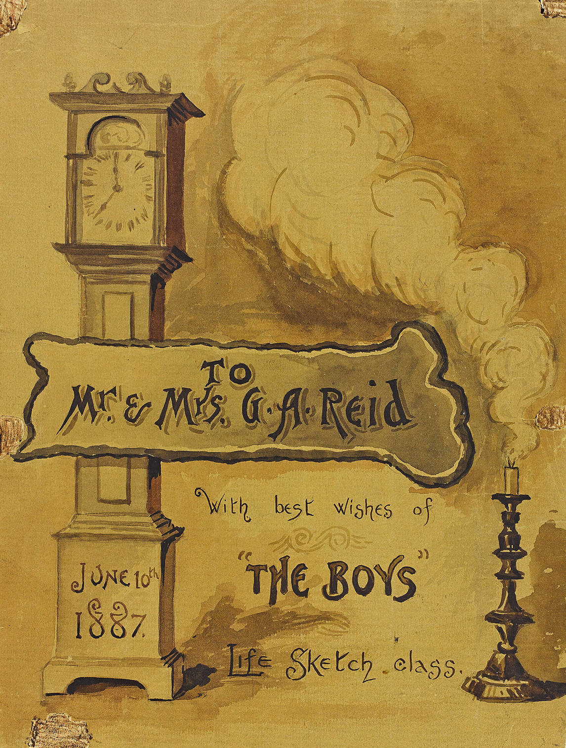Drawing in ink presented to George Agnew and Mary Hiester Reid by their students, June 10, 1887