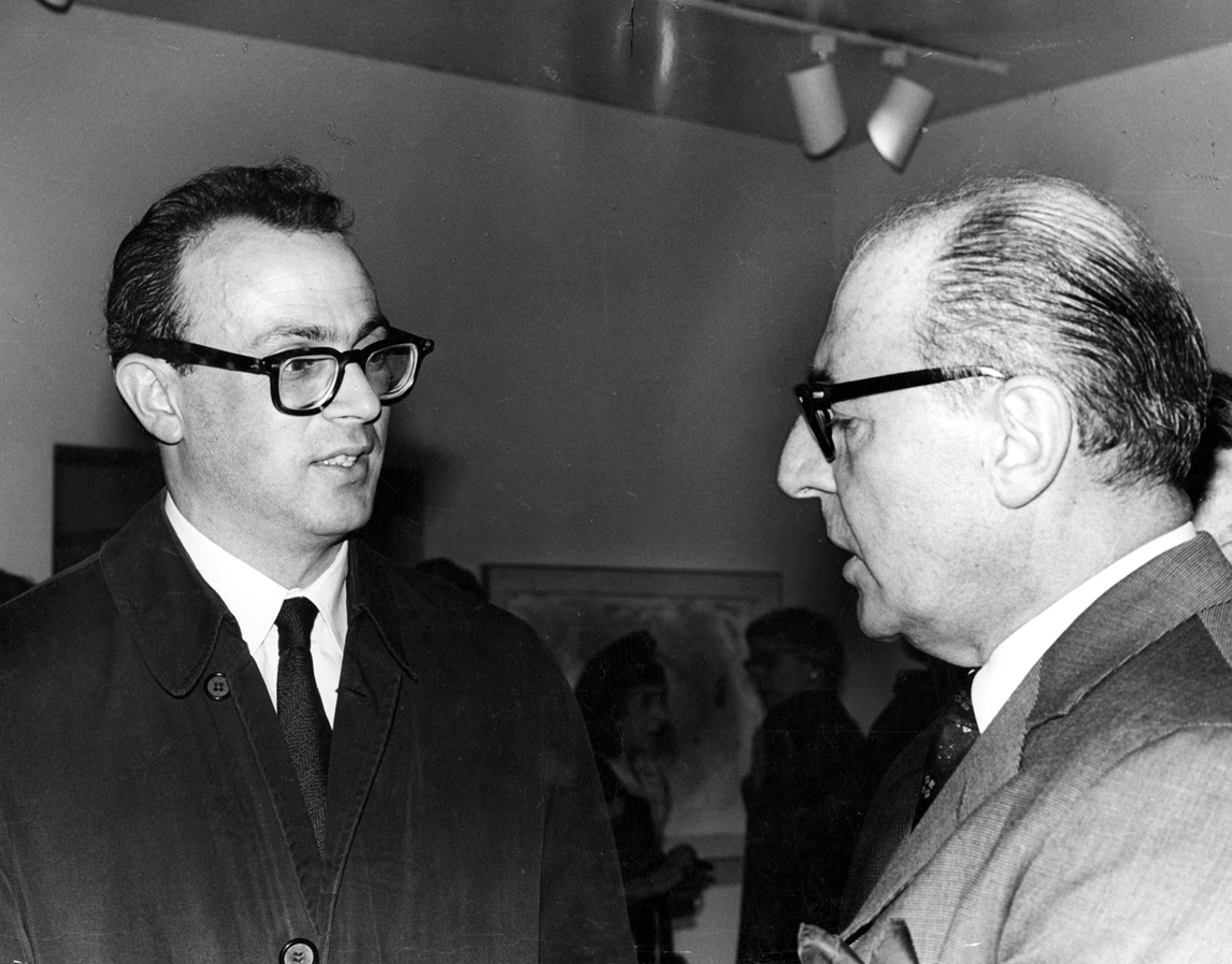 Sorel Etrog and Pierre Matisse at the opening of Etrog exhibition at Matisse Gallery, 1965