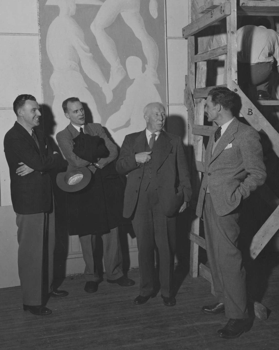 Edward B. Pulford, Alex Colville, A.Y. Jackson, and Lawren P. Harris at the Owens Art Gallery, Mount Allison University, Sackville, c.1951–52