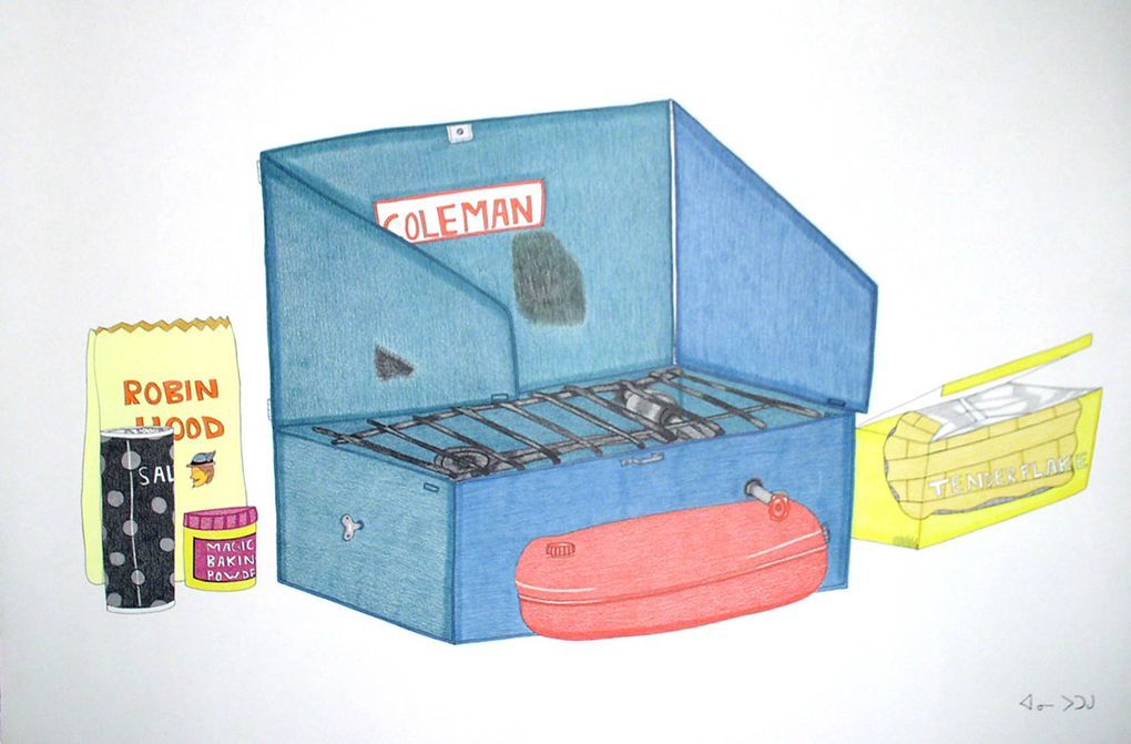 Annie Pootoogook, Coleman Stove with Robin Hood Flour and Tenderflake, 2003–4 