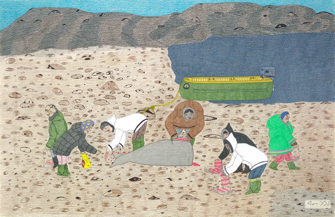 Annie Pootoogook, Composition: Women Gathering Whale Meat (Composition : femmes rassemblant de la viande de baleine), 2003-2004