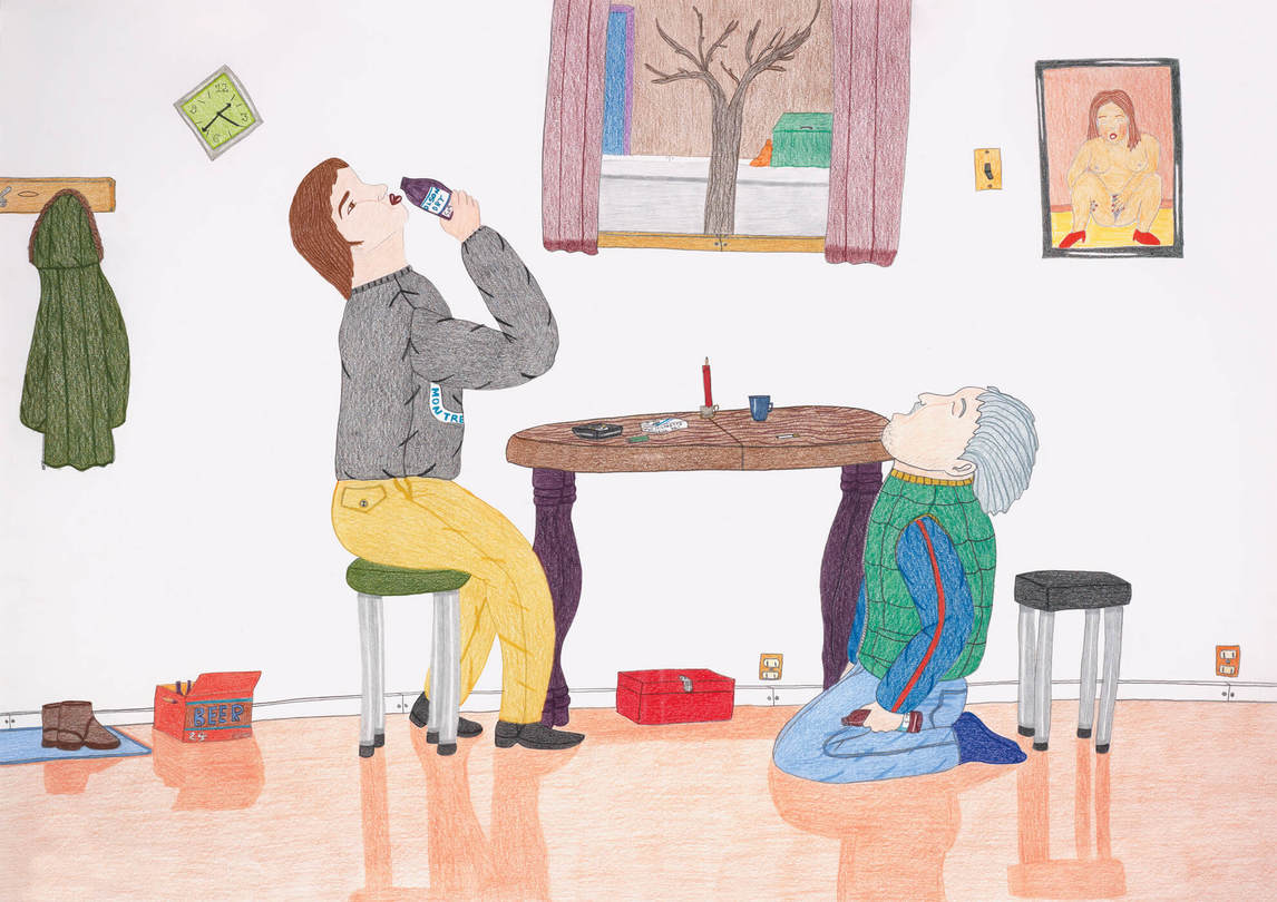 Annie Pootoogook, Drinking Beer in Montreal (Hommes buvant de la bière à Montréal), 2006