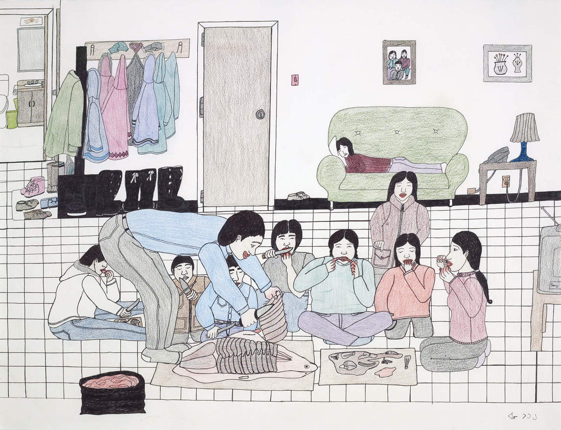 Annie Pootoogook, Eating Seal at Home (En mangeant du phoque à la maison), 2001