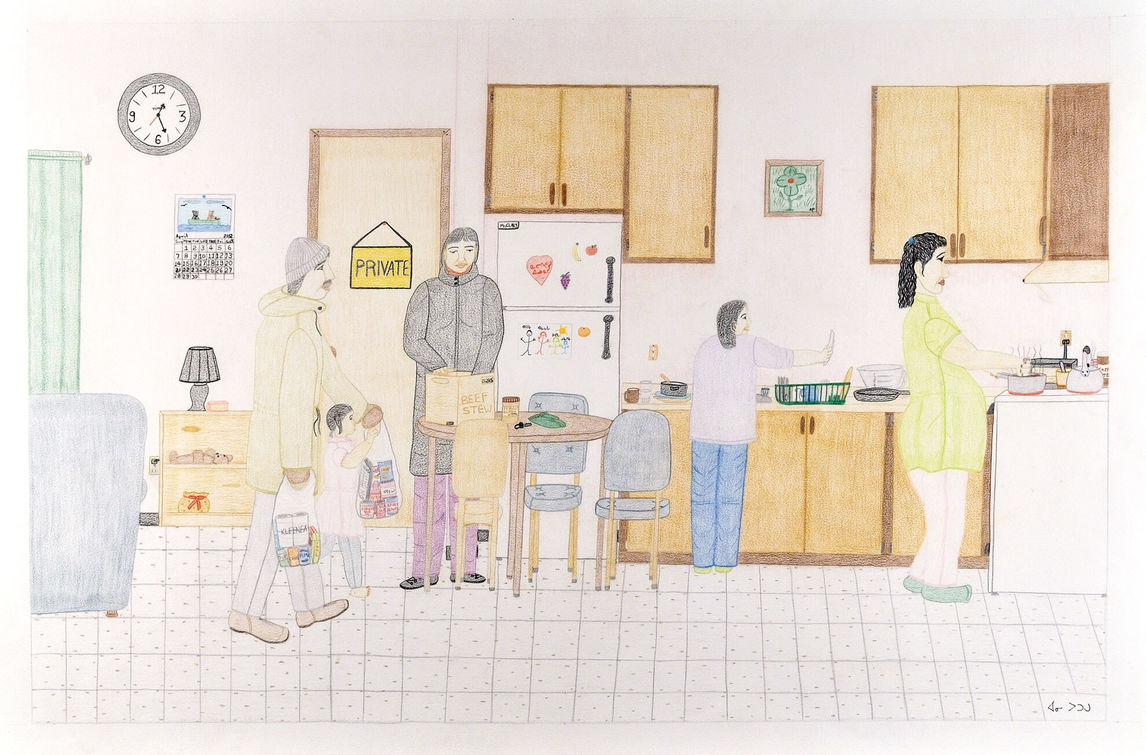 Annie Pootoogook, Composition (Family Cooking in Kitchen), 2002