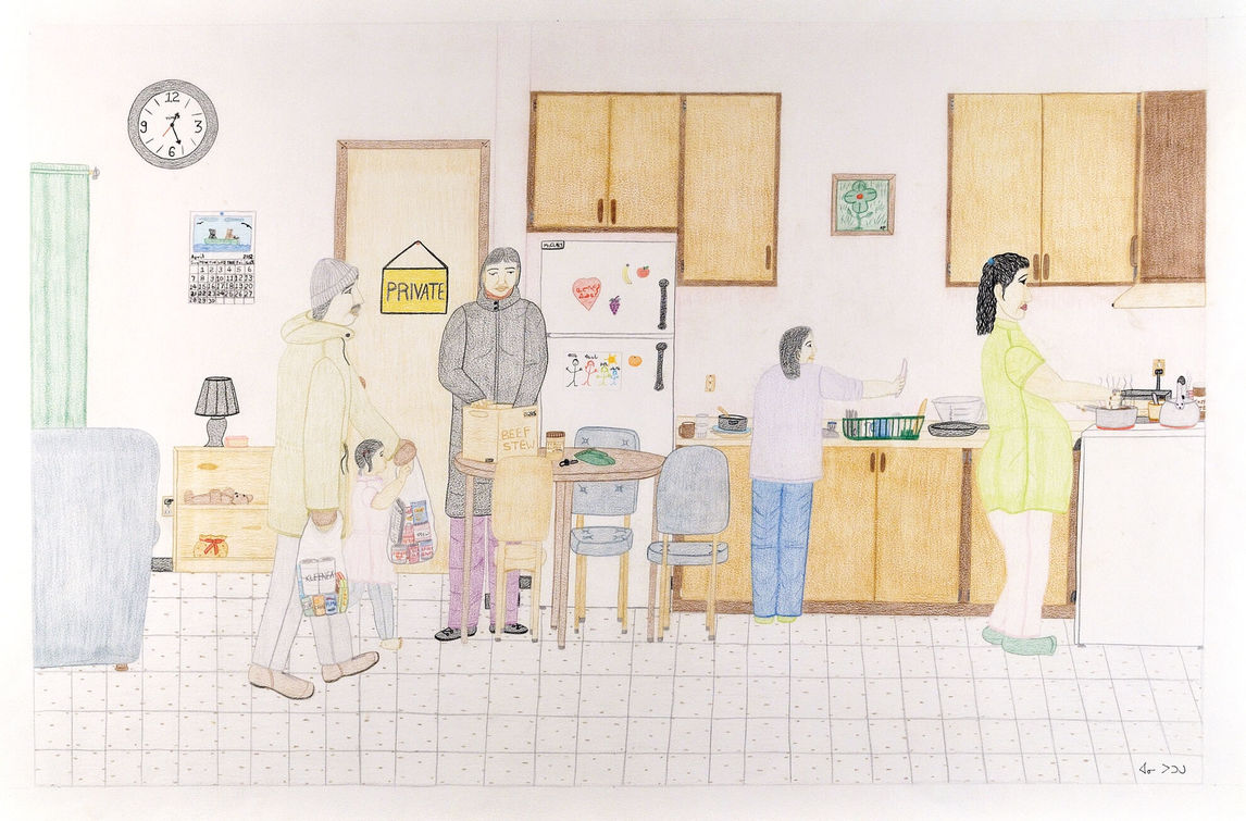 Annie Pootoogook, Composition (Family Cooking in Kitchen), 2002 