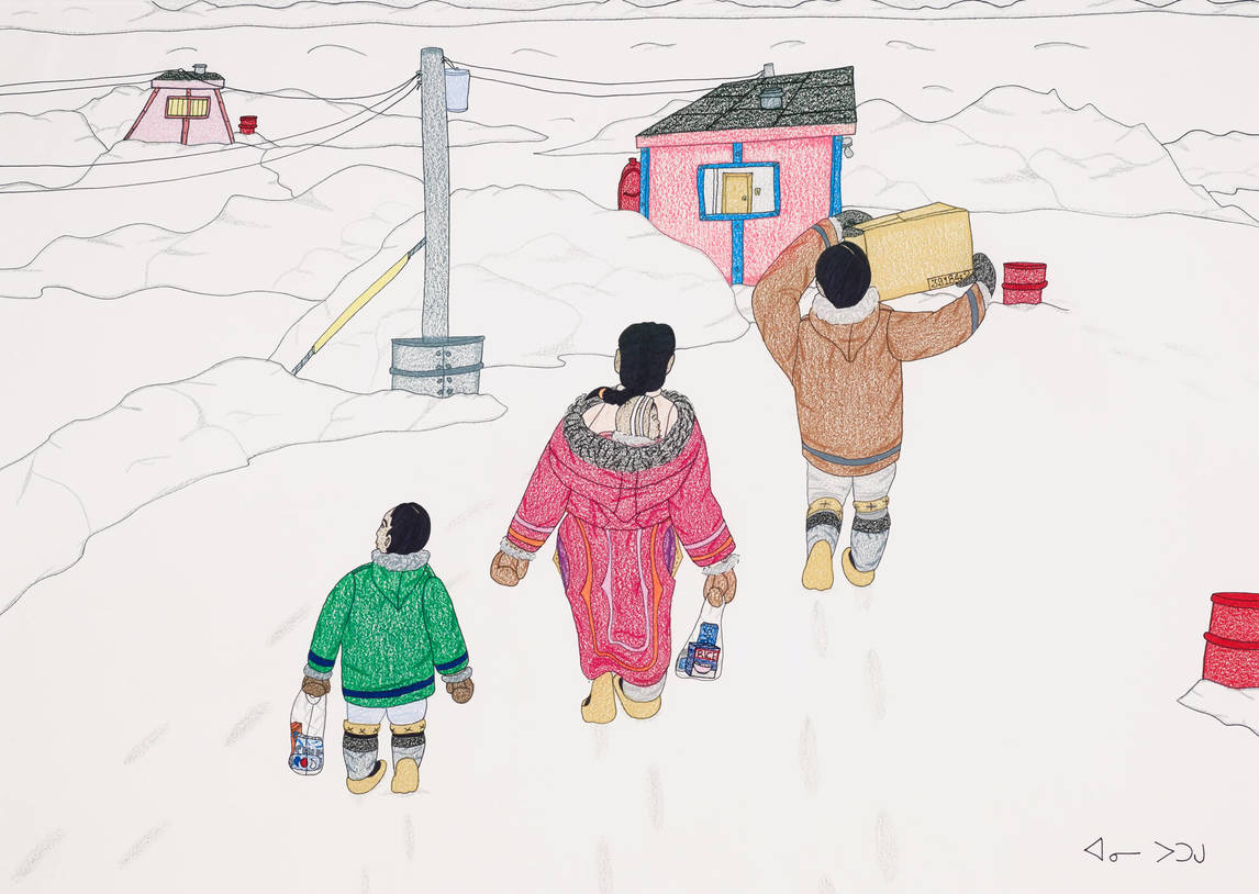 Annie Pootoogook, Family Taking Supplies Home (Famille rapportant des provisions à la maison), 2006