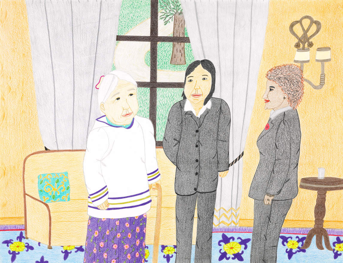 Annie Pootoogook, Untitled [Kenojuak and Annie with Governor General Michaëlle Jean] (Sans titre [Kenojuak et Annie avec la gouverneure générale Michaëlle Jean]), 2010