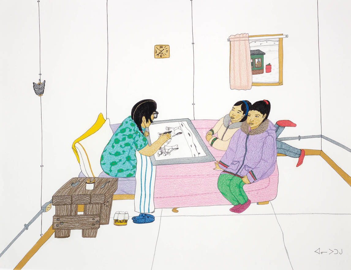 Annie Pootoogook, Pitseolak Drawing with Two Girls on Her Bed, 2006 