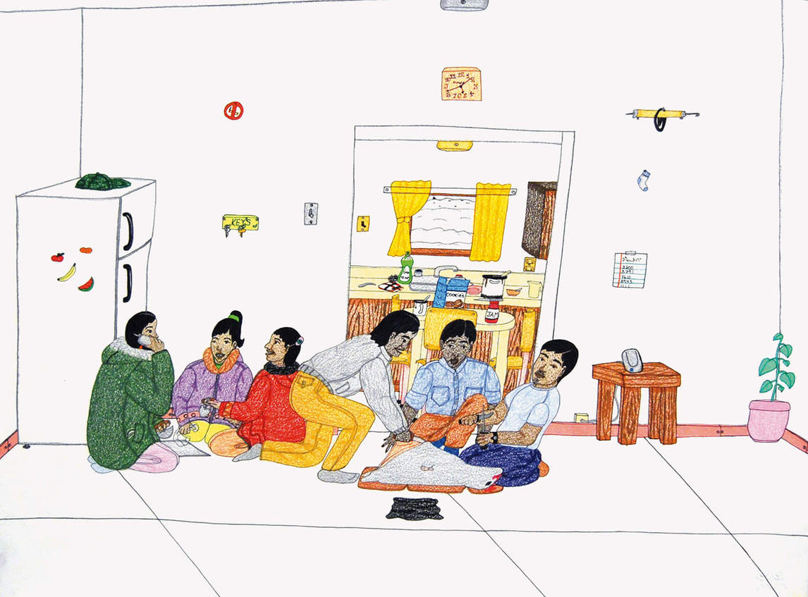 Annie Pootoogook, Three Men Carving a Seal, Three Women Cleaning, 2006