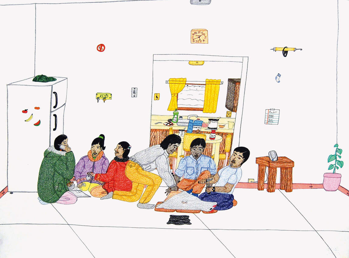 Annie Pootoogook, Three Men Carving a Seal, Three Women Cleaning (Trois hommes qui découpent un phoque, trois femmes qui nettoient), 2006