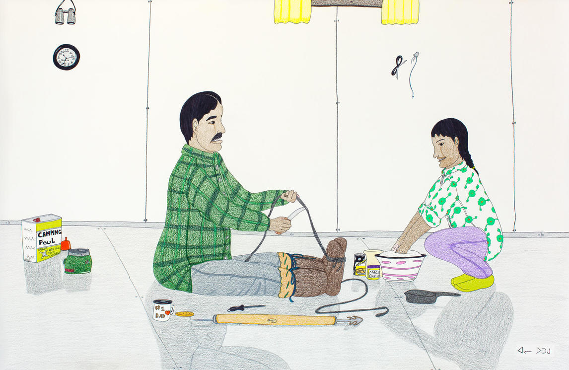 Annie Pootoogook, Untitled [Making Rope and Bannock] (Sans titre [En fabriquant de la corde et de la banique]), 2004-2005