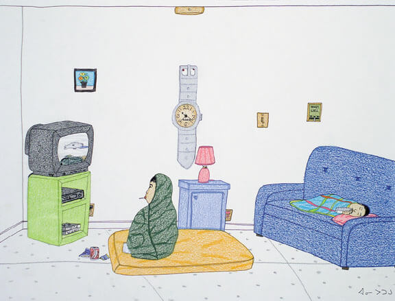 Annie Pootoogook, Watching Hunting Shows (Regarder des émissions de chasse), 2004