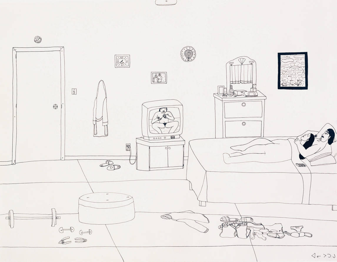 Annie Pootoogook, Composition: Watching Porn on Television, 2005