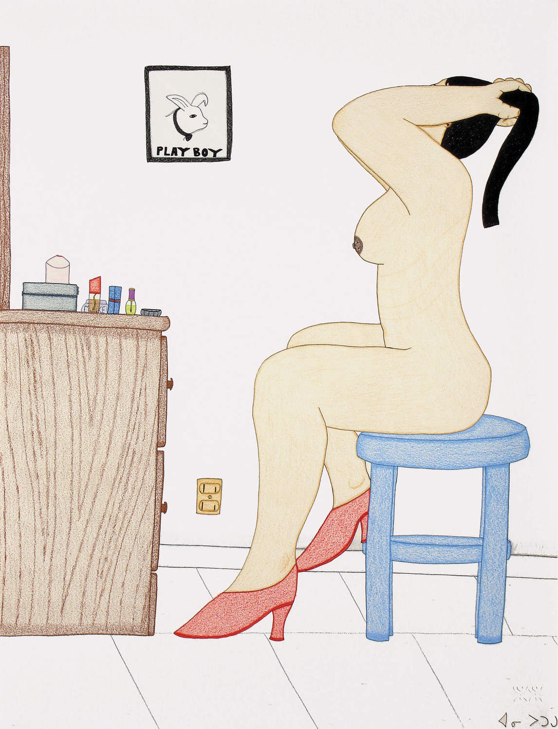 Annie Pootoogook, Woman at Her Mirror (Playboy Pose), 2003