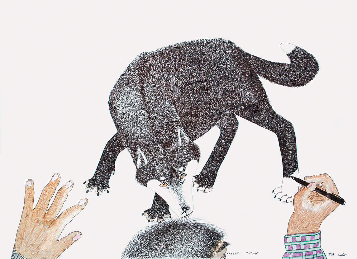 Kananginak Pootoogook, Untitled (Self-Portrait of Kananginak drawing a Wolf), 2009