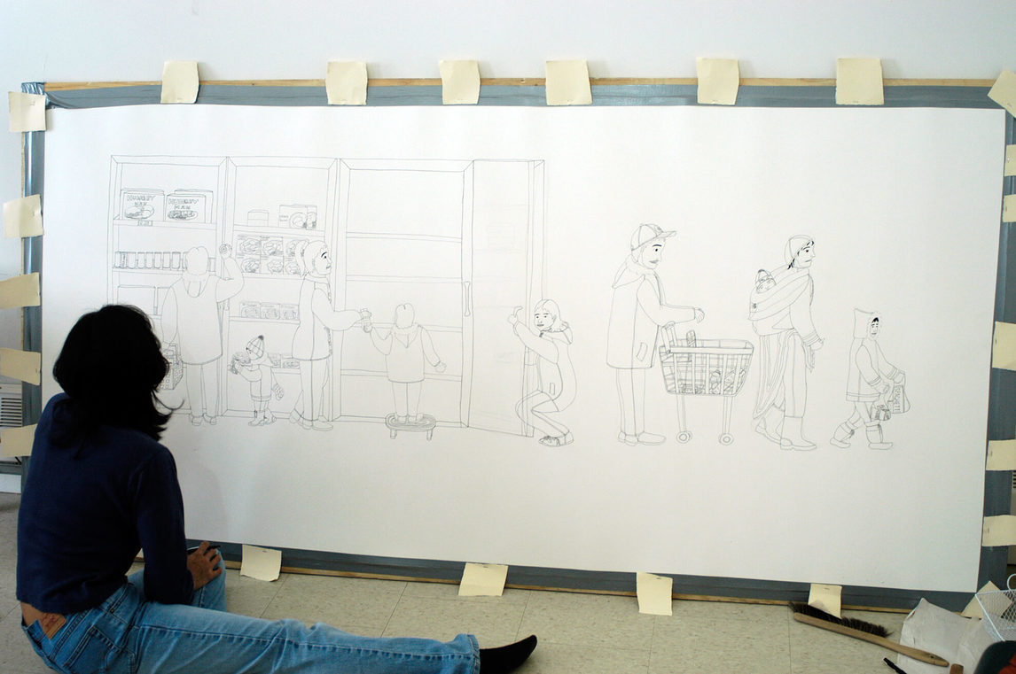 Annie Pootoogook with her work Cape Dorset Freezer "at her apartment"