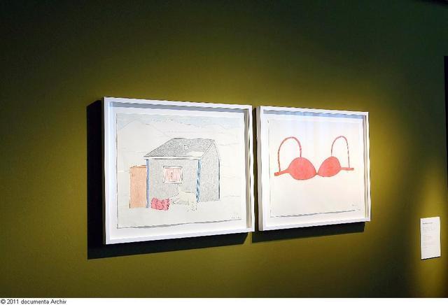 Installation view of Annie Pootoogook, Bear by the Window, 2004, and Red Bra (35/36), 2006