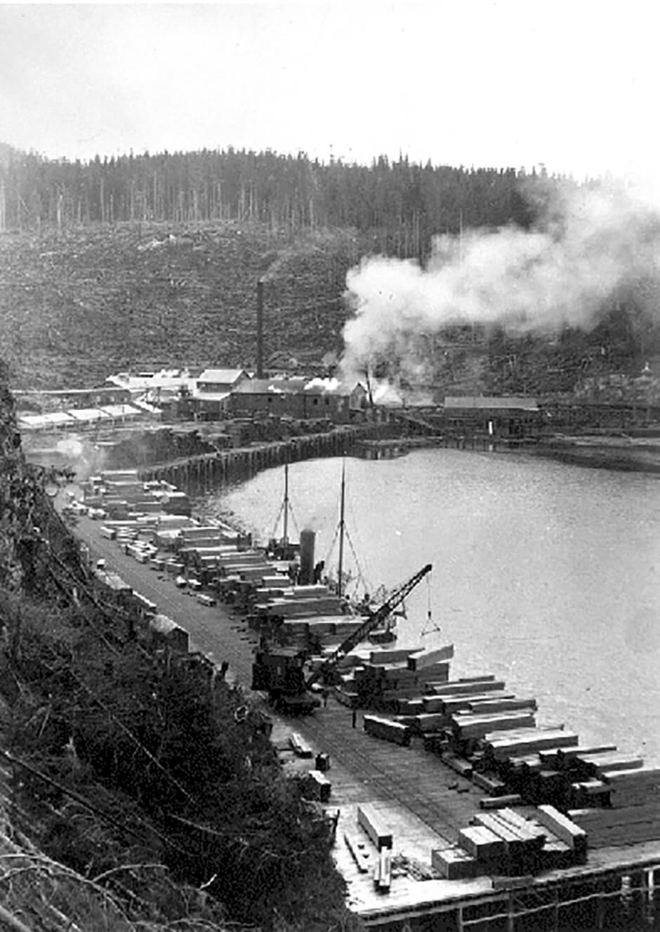 Art Canada Institute, H.W. Roozeboom, Logging in British Columbia; clearcut, mill, and dock