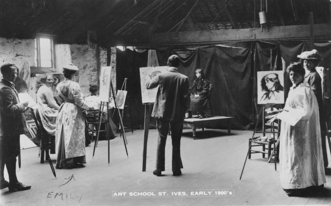 (Emily Carr, (right corner) in St. Ives art school in Cornwall, England)
While studying art in Europe, she was exposed to el