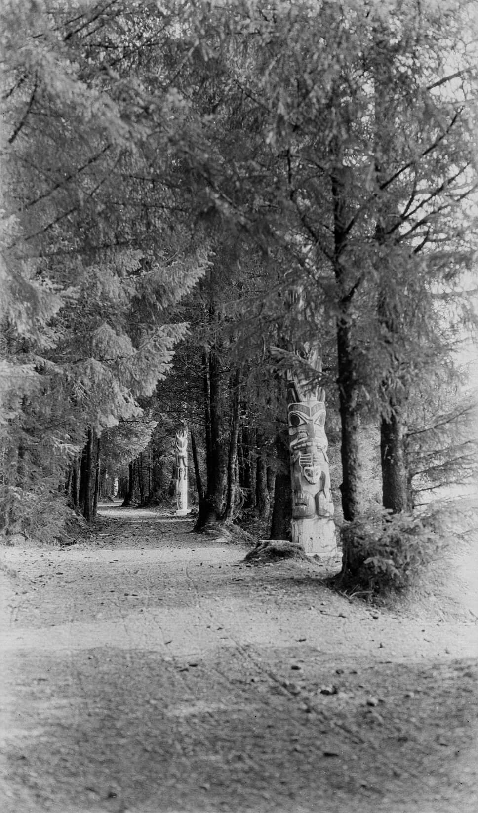 Art Canada Institute, Louis Shotridge, Sitka + Surroundings—Totem Poles in Forest, c. 1918