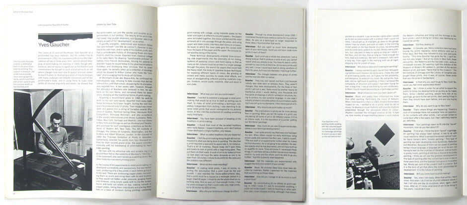 Art Canada Institute, “Artist in Perspective: Yves Gaucher Interviewed” in Canadian Art magazine in 1965