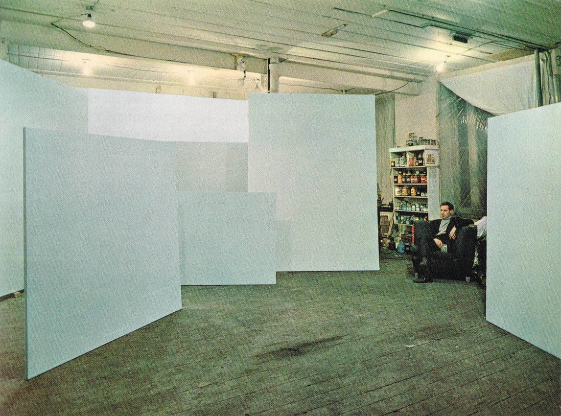 Art Canada Institute, Gaucher in his studio with the Grey on Grey series paintings