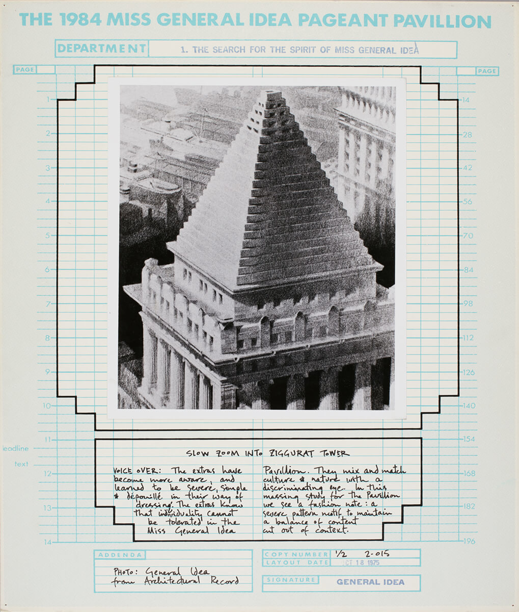 Art Canada Institute, General Idea, Slow Zoom Into Ziggurat Tower, 1975. From Showcard Series, 1975–79