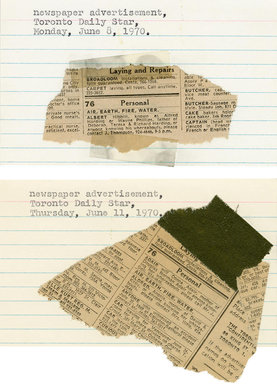 Art Canada Institute, General Idea, Air, Earth, Fire, Water , newspaper advertisement in the Toronto Daily Star, June 8 and 11, 1970