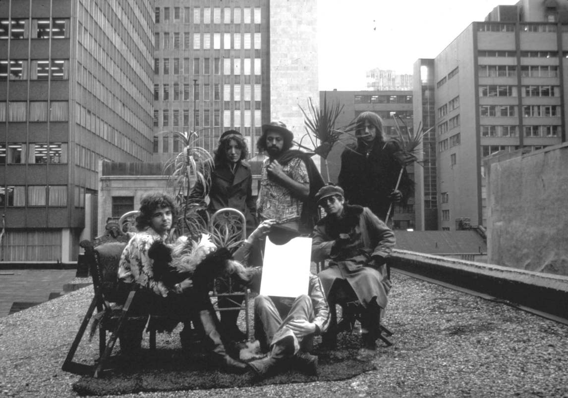 Art Canada Institute, General Idea and friends on the roof of 87 Yonge Street, Toronto, c. 1971–73. AA Bronson, Randy Gledhill, Daniel Freedman.