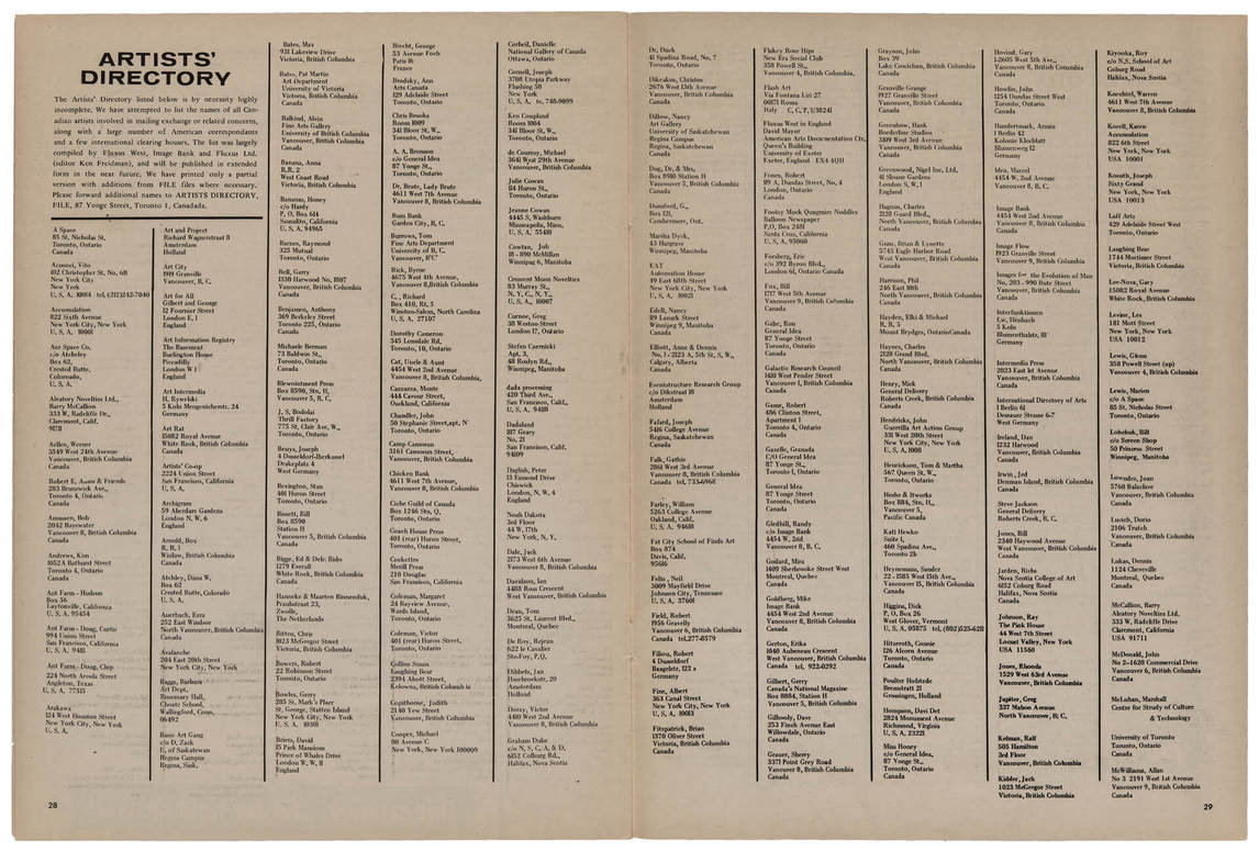 Art Canada Institute, Double-page spread of “Artists’ Directory” from FILE Megazine, “Mr. Peanut Issue,” vol. 1, no. 1 (April. 15, 1972)
