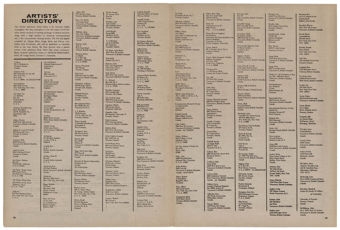 Art Canada Institute, Double-page spread of “Artists’ Directory” from FILE Megazine, “Mr. Peanut Issue,” vol. 1, no. 1 (April 15, 1972)