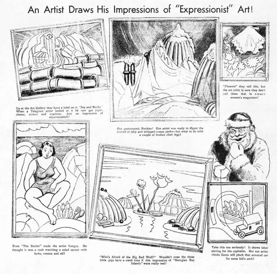 Art Canada Institute, Satirical cartoons criticizing works from the Canadian Group of Painters exhibition at the Art Gallery of Toronto in 1933